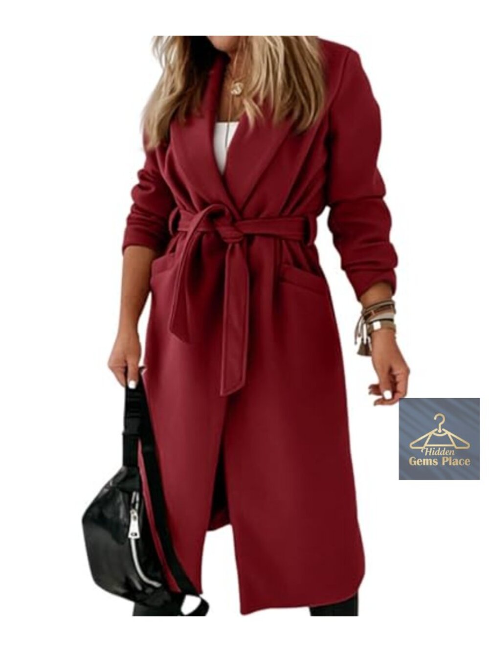 Women's Wool Blend Pea Coat Notch Lapel Belted Maxi Trench Long Sleeve